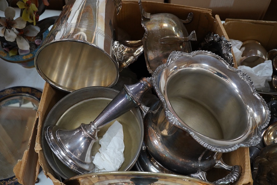 A quantity of assorted plated wares to include candelabra, wine coolers and pedestal dishes. Condition - varies, mostly fair